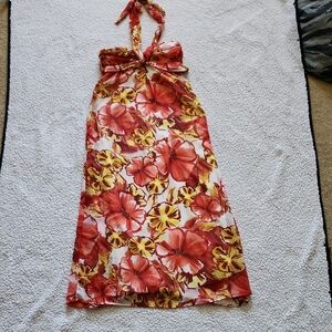 Xhilaration Red and Yellow Floral Halter Midi Dress Sz Small Island Girl Luau